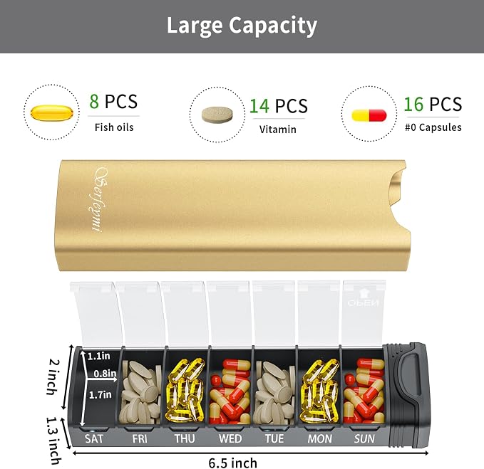 Metal Weekly Pill Organizer, Serfeymi Aluminum Daily Pill Box, 7 Day Pill Case - Image 6