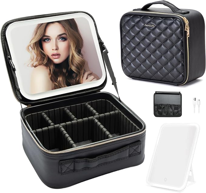 Travel Makeup Bag with LED Mirror – Waterproof Cosmetic Train Case with by ZhenGuiRu