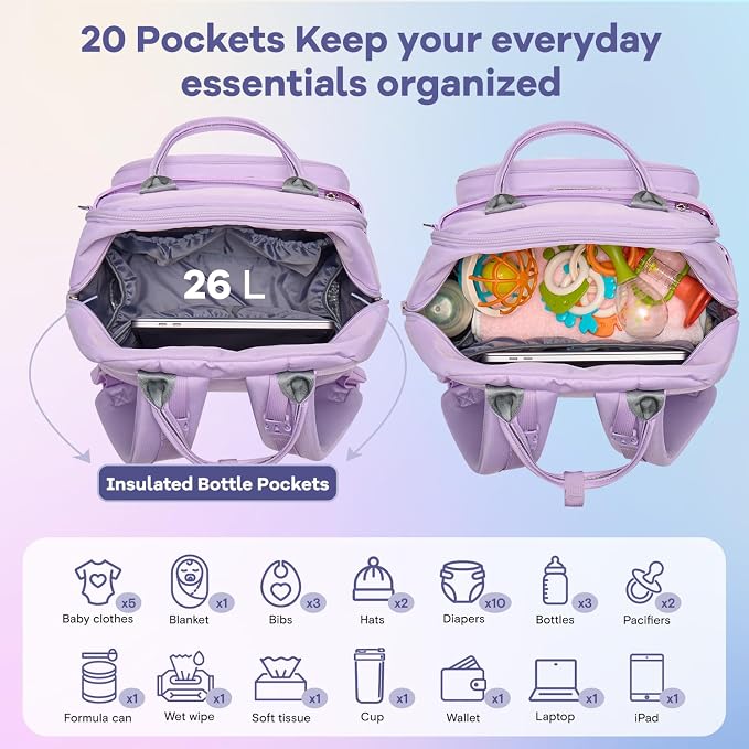 RUVALINO Diaper Bag Backpack, Large Capacity, Waterproof, Light Purple - Image 4