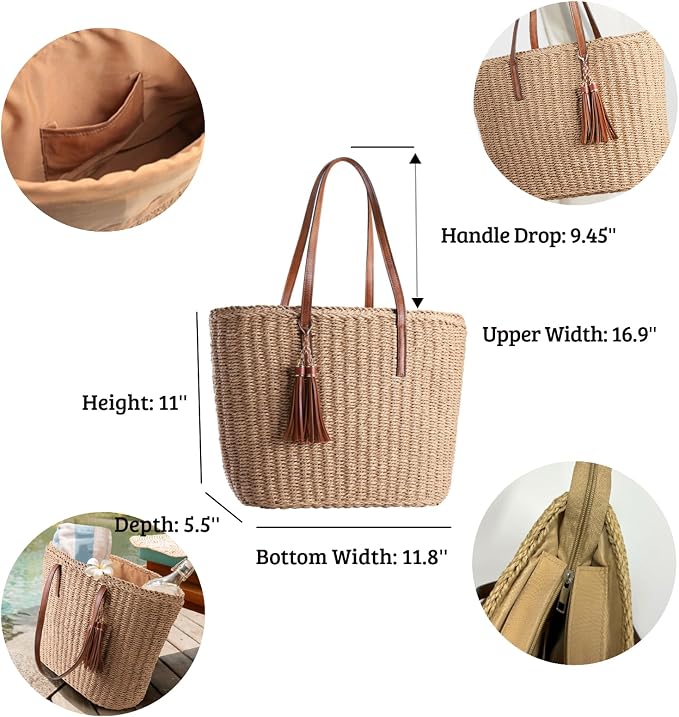 YXILEE Straw Bags For Women | M Size Travel Straw Totes Bag Woven Summer - Image 4