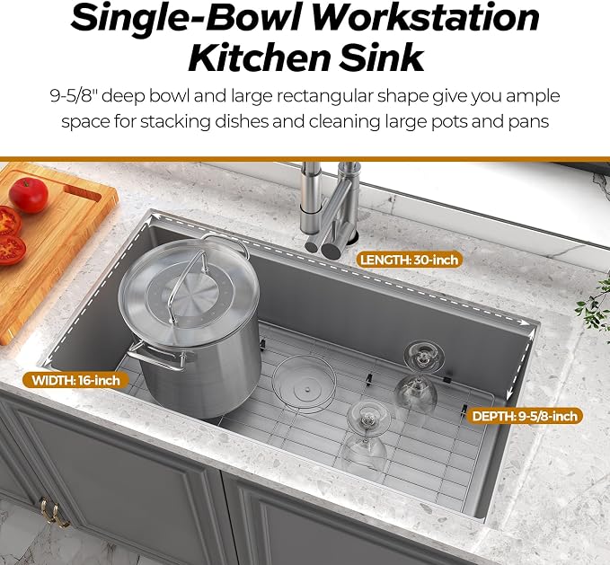 32 Inch Workstation Kitchen Sink, TECASA Undermount Deep Single Bowl, Stainless - Image 5
