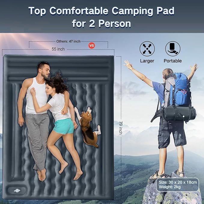 Double Sleeping Pad Camping, Self Inflating 6'' Extra-Thick 2 Person Pillow - Image 3
