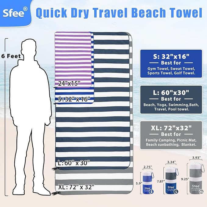 Sfee 2 in 1 Microfiber Oversized Beach Towel, Quick Dry Towel Travel Camping - Image 7