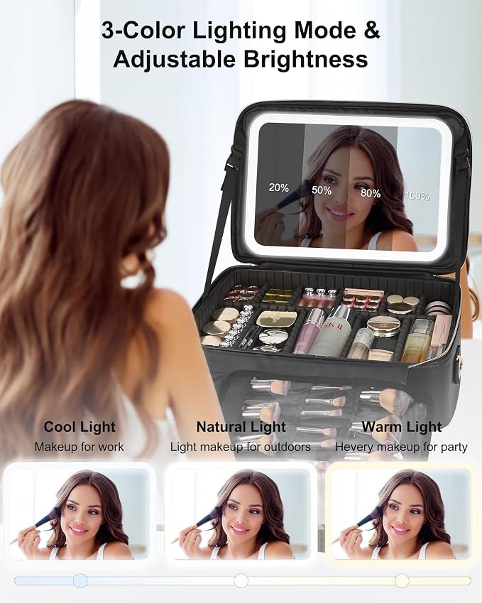 Relavel Travel Makeup Bag With LED Mirror, 16.2" Large Makeup Train Case - Image 2