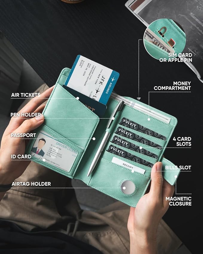 VULKIT Passport Holder with Airtag Holder RFID Blocking Passport Wallet Travel - Image 4