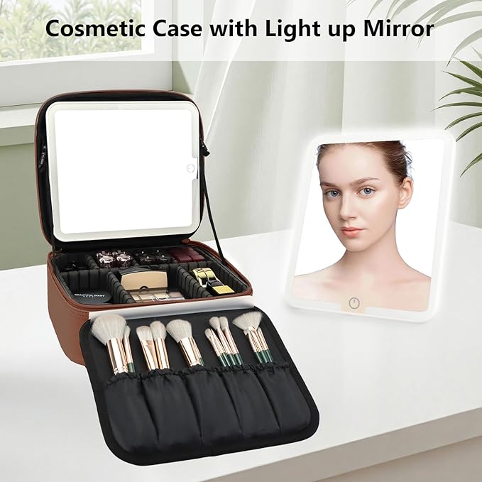 Travel Makeup Bag with LED Mirror Travel Makeup Organizer with 3 Lighted - Image 3