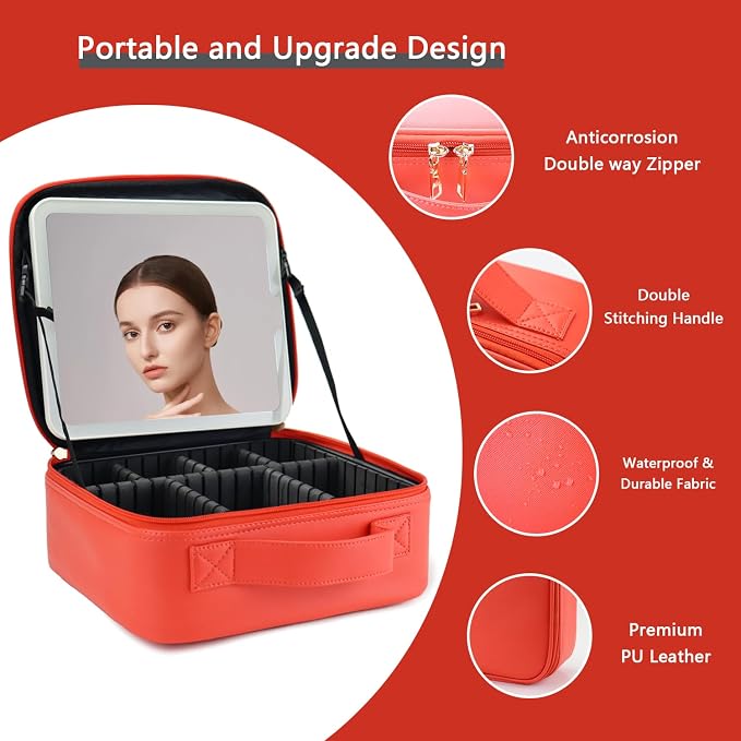 Makeup Bag with Led Mirror, Travel Makeup Organizer with 3 Color Setting & 10X - Image 4