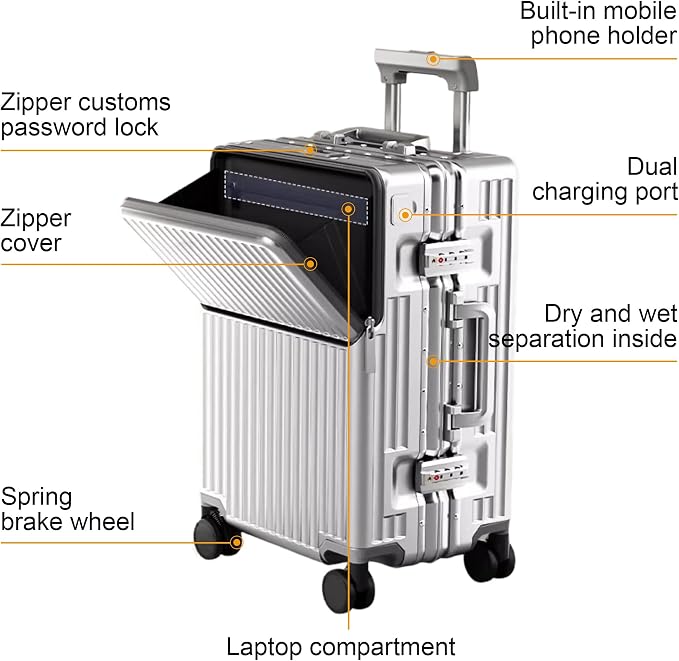 Zipperless Luggage, Polycarbonate Aluminum Hard Shell, Expandable Carry-On - Image 2