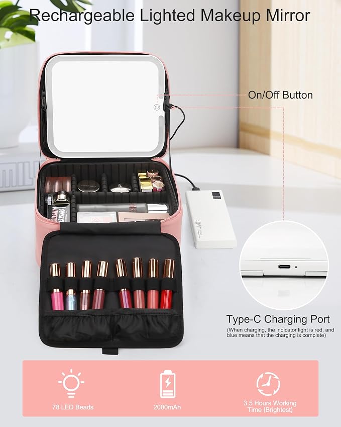 Relavel Makeup Bag with LED Mirror, Travel Makeup Case with Rechargeable - Image 5