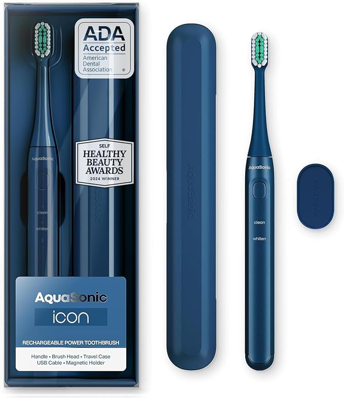 Aquasonic Icon ADA-Accepted Rechargeable Toothbrush | Magnetic Holder & Slim by AquaSonic