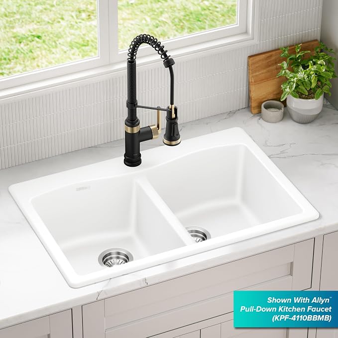 KRAUS Forteza 33-inch Granite Drop In/Undermount 50/50 Double Bowl White - Image 2