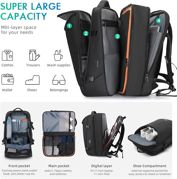 50L Carry on Travel Backpack, Expandable Airline Approved Backpacks - Image 2