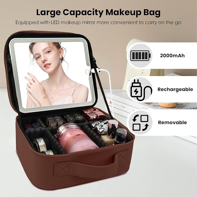 Travel Makeup Bag with LED Mirror and Light Travel Makeup Case Cosmetic - Image 3