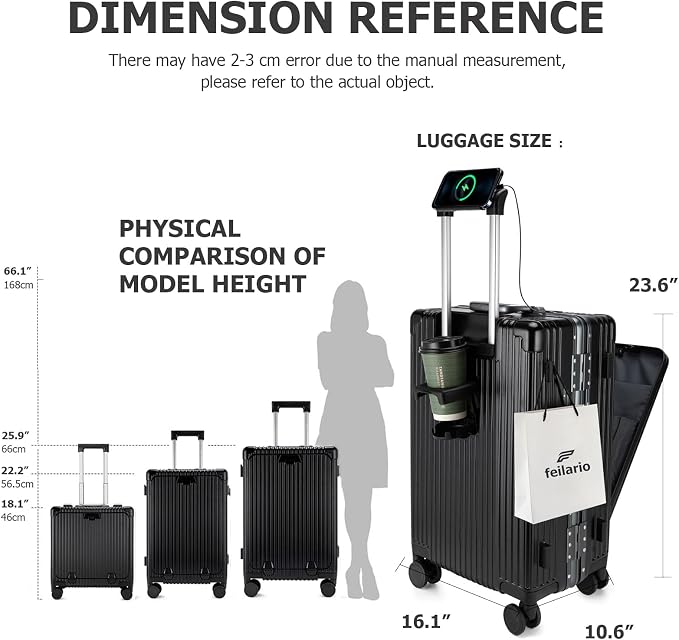 feilario 24in Aluminium Frame PC Hard Shell Spinner Wheels Luggage, Built-In - Image 3