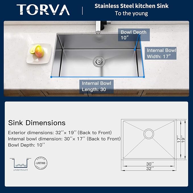 TORVA 32-Inch Undermount Kitchen Sink, Premium 304 Stainless Steel Bar Sink - Image 5