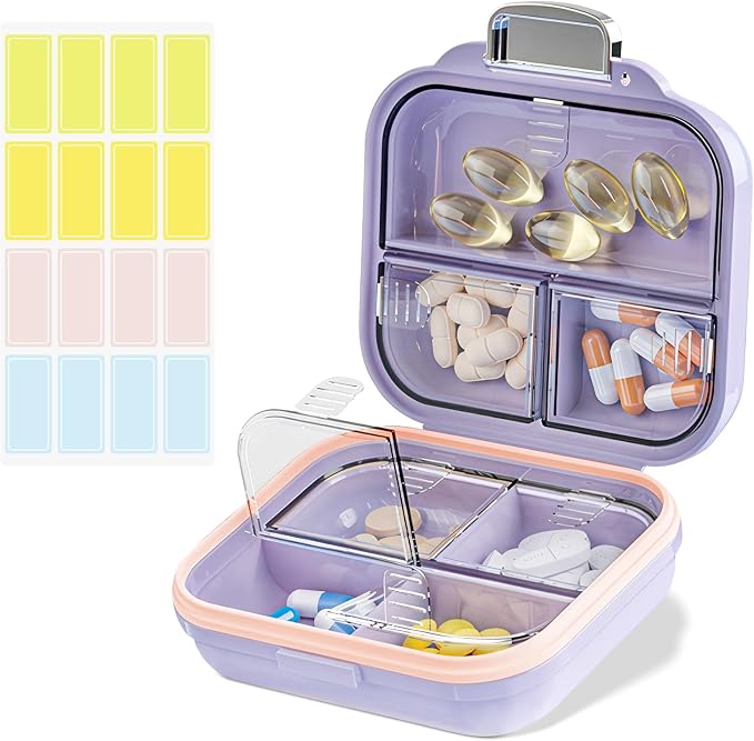 Travel Pill Organizer Box with Labels, 7 Compartments Portable Mini Pill Case by Goffing