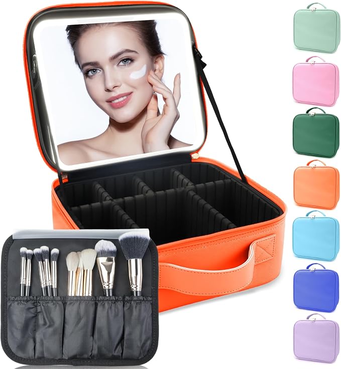 Makeup Bag with Led Mirror, Travel Makeup Organizer with 3 Color Setting by SUILU