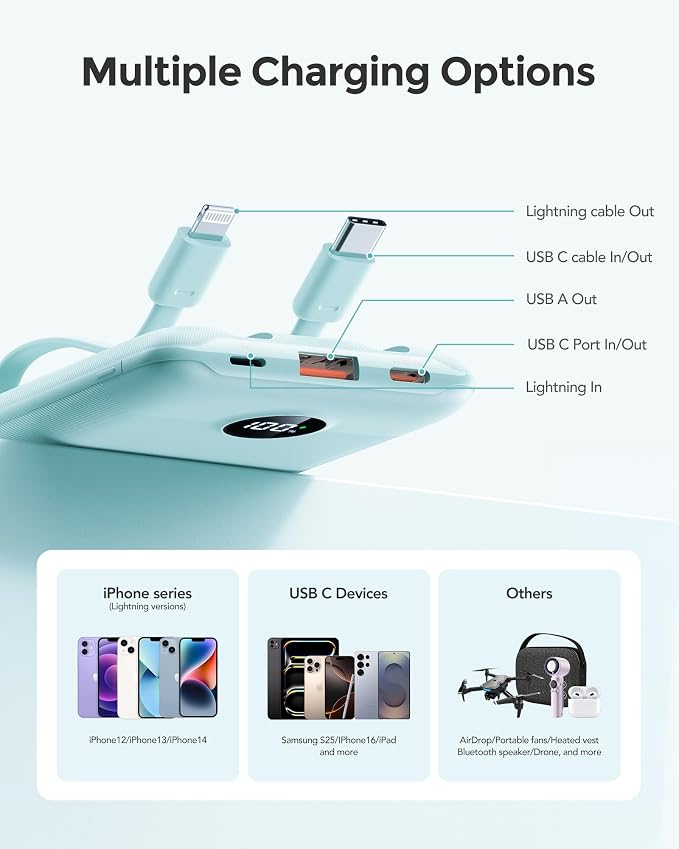 Mini Portable Charger with Built-in Cables 22.5W Fast Charging Power Bank USB-C - Image 5