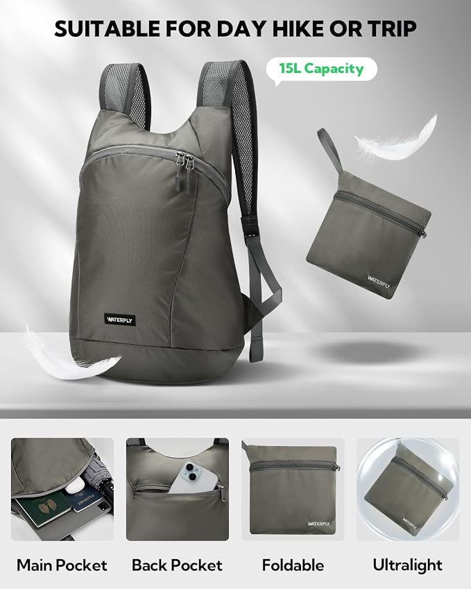 WATERFLY Foldable Lightweight Hiking Backpack: 15L Packable Traveling Daypack - Image 3