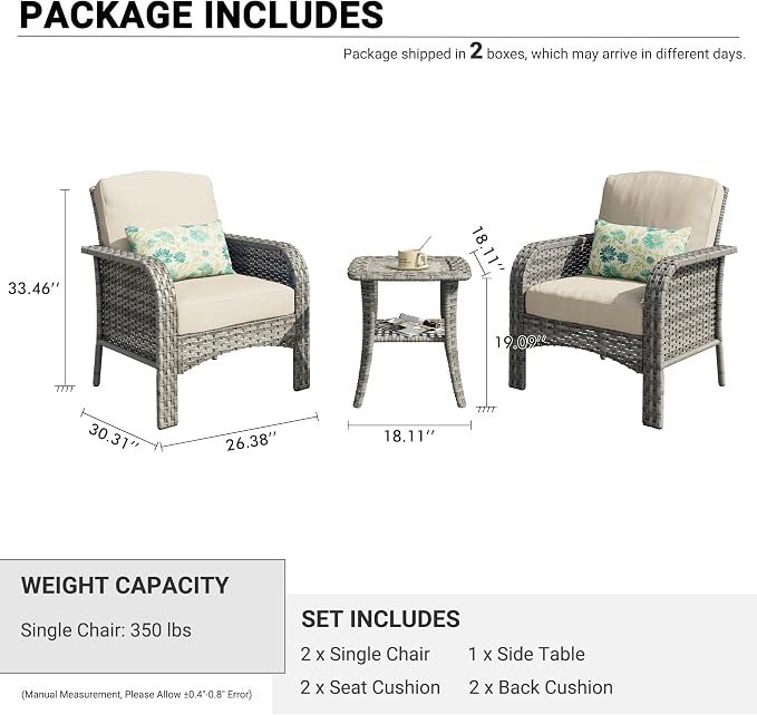 HOOOWOOO Patio Furniture Set, 3 Pieces Outdoor Conversation Set, All Weather - Image 6