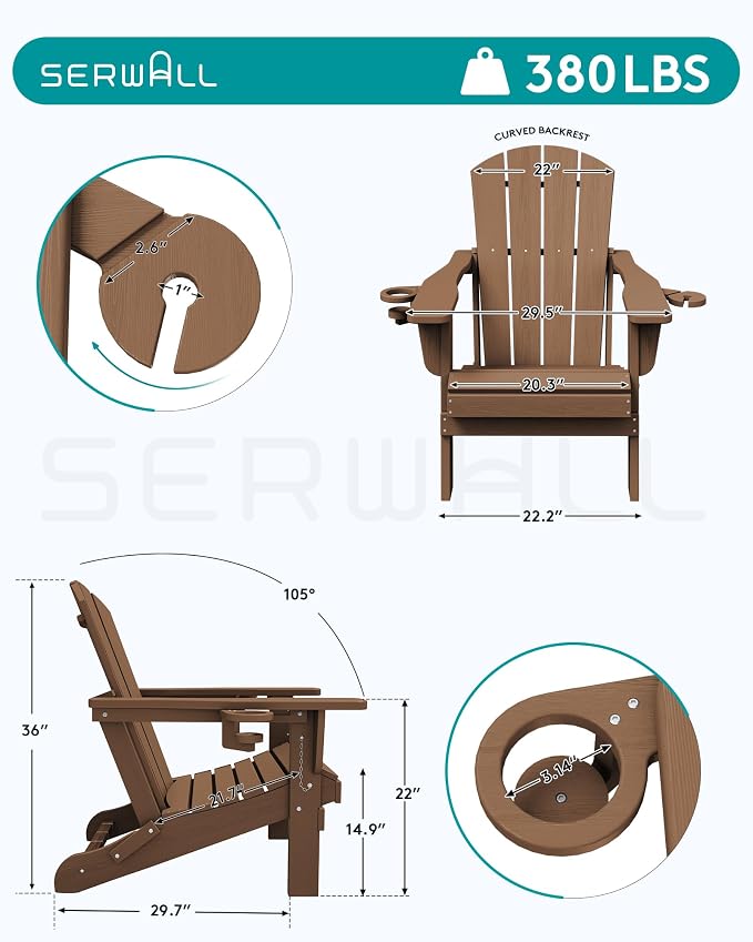 SERWALL Folding Adirondack Chair, Dual Cup Holders & All-Weather HDPE, - Image 3