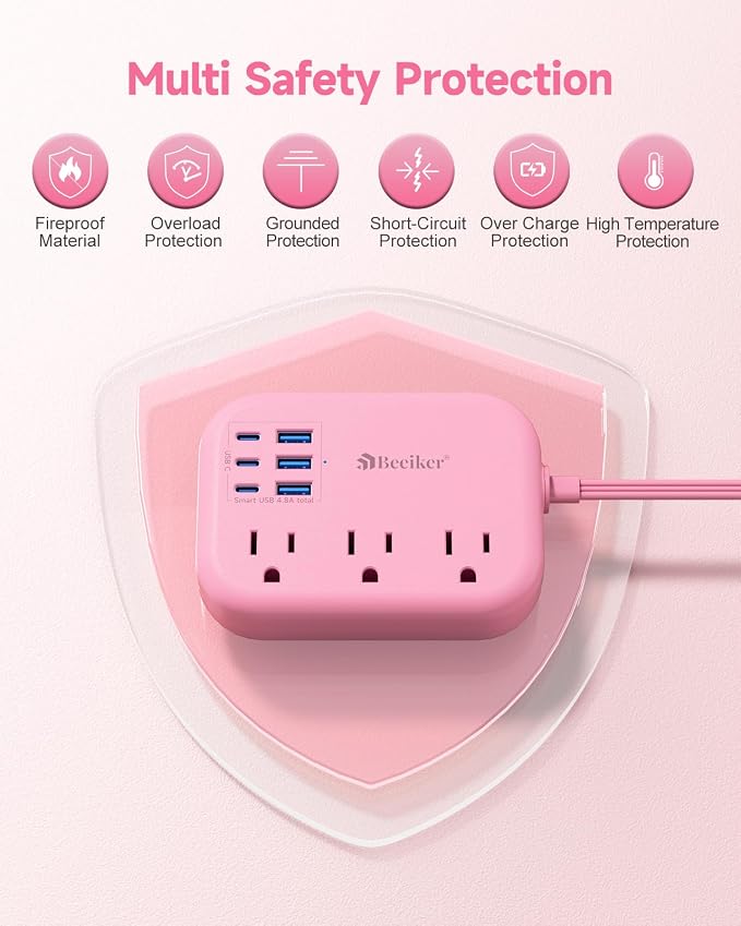 6 USB Pink Power Strip- 5Ft Pink Extension Cord - Image 6