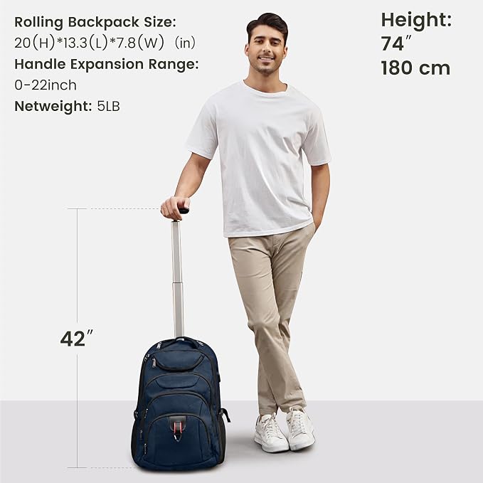 Boavan Rolling Backpack, 17 inch Water Resistant Wheeled Backpack, Carry on - Image 4