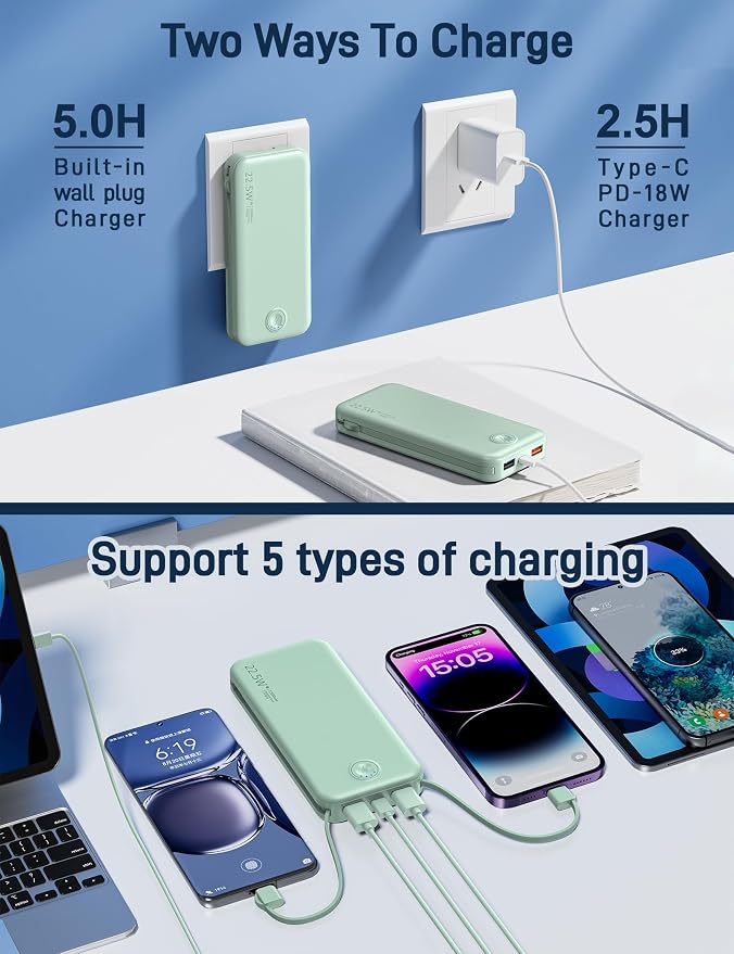 Portable Charger with Built in Cable and AC Wall Plug, USB C Power Bank - Image 5
