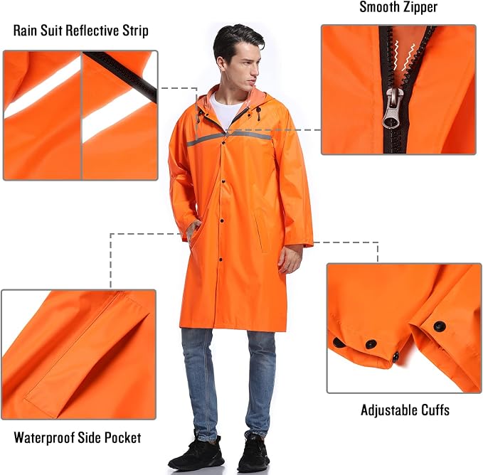 Mens Long Hooded Safety Rain Jacket Waterproof Emergency Raincoat Poncho - Image 3