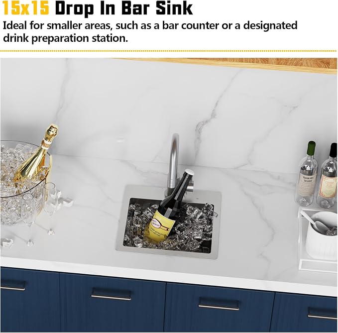 Small Kitchen Sink, 15x15 Inch Bar Sink Stainless Steel Drop In Small Kitchen - Image 2