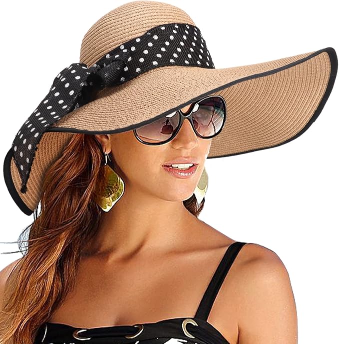 DRESHOW Beach Hats for Women Big Straw Wide Brim Summer Hat Floppy Foldable by DRESHOW