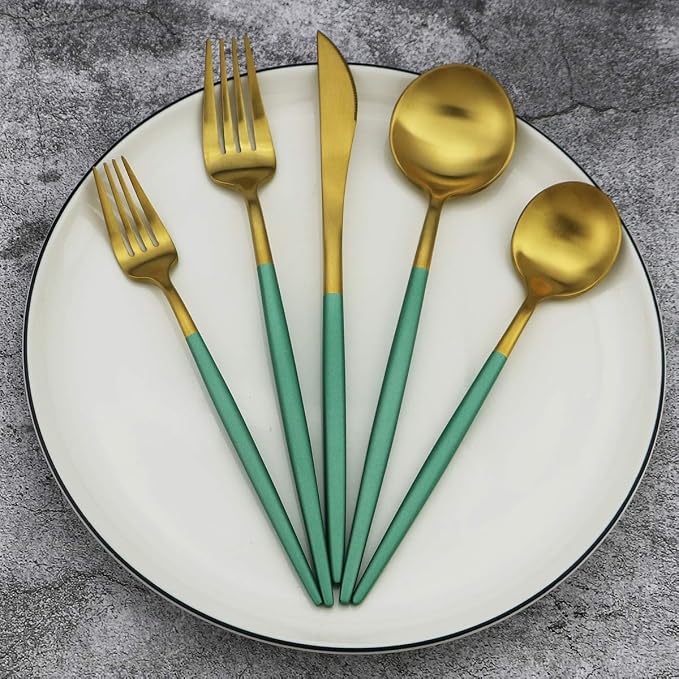 Green Handle Matte Gold Silverware, Gugrida 5-Piece 18/10 Stainless Steel - Image 3