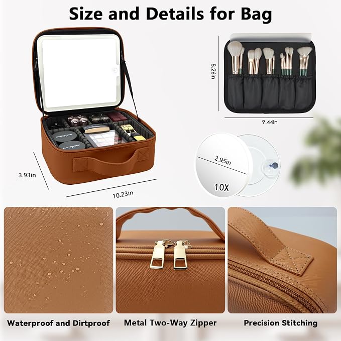 Travel Makeup Bag with LED Mirror and 10x magnifying glass with 3 Lighted - Image 5