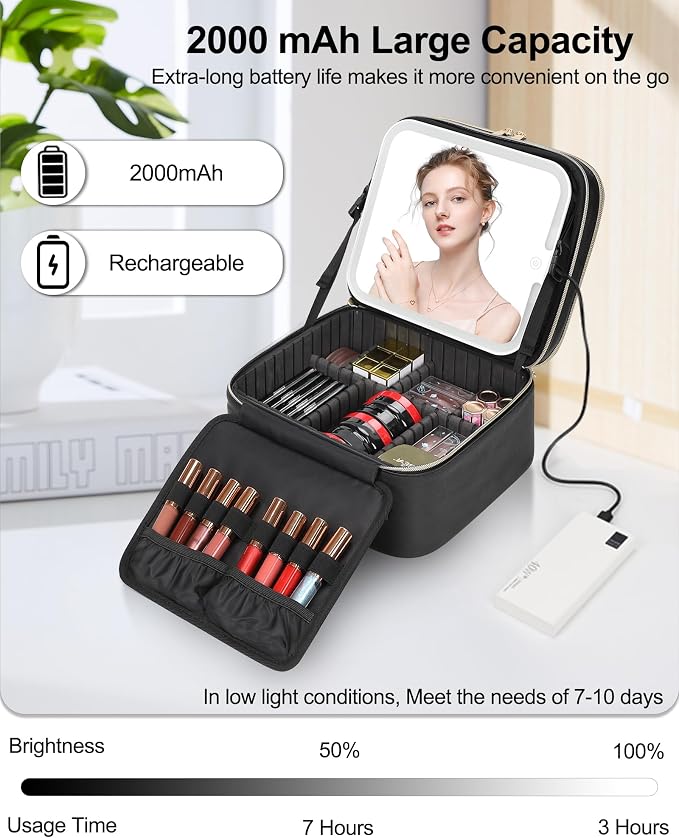 Travel Makeup Bag with LED Mirror Double Layer Makeup Case with Lighted Mirror - Image 5