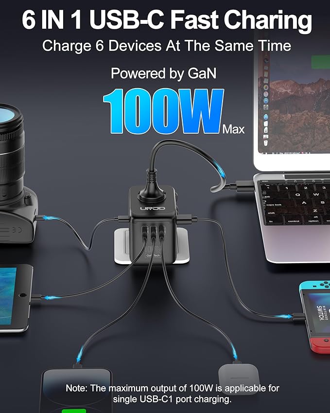 Universal Travel Adapter 100W GaN Fast Charger in One, 4 USB C & 1 USB A & AC - Image 4