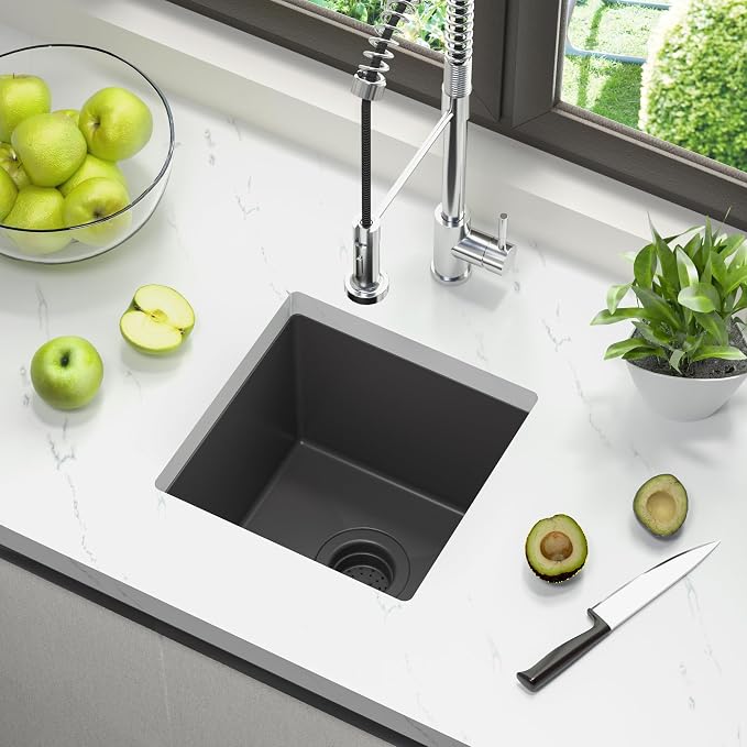 TORVA 14 x 14 Inch Gloss Black Undermount Kitchen Sink, PVD Coated Gunmetal - Image 9