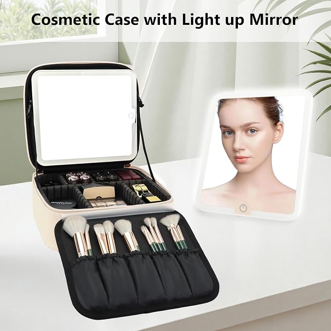 Travel Makeup Bag with LED Mirror Travel Makeup Organizer with 3 Lighted - Image 3