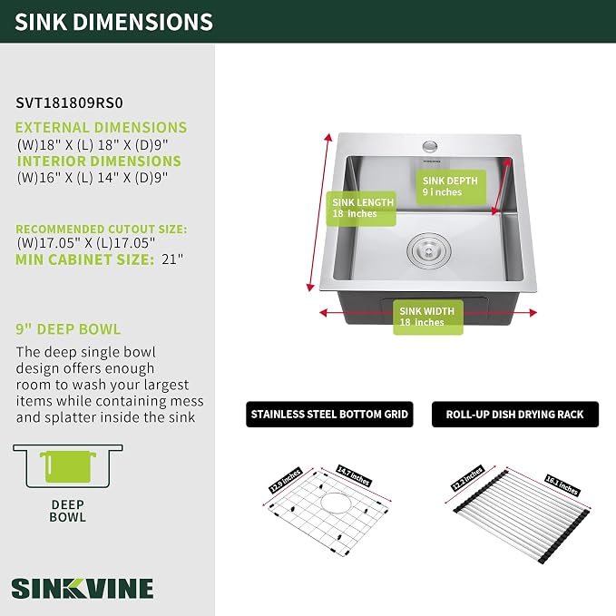 18-Inch Bar Sink Drop-In, SINKVINE Stainless Steel Kitchen Sink - Image 3