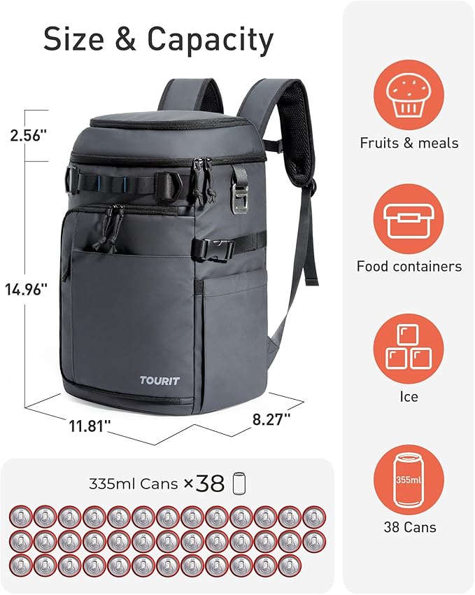 TOURIT 38 Cans Backpack Cooler: Leak Proof Waterproof 2 Insulated Compartments - Image 2