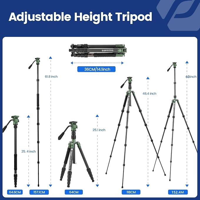 Fotopro 59" Carbon Fiber Travel Tripod, Compact Video Tripods - Image 4