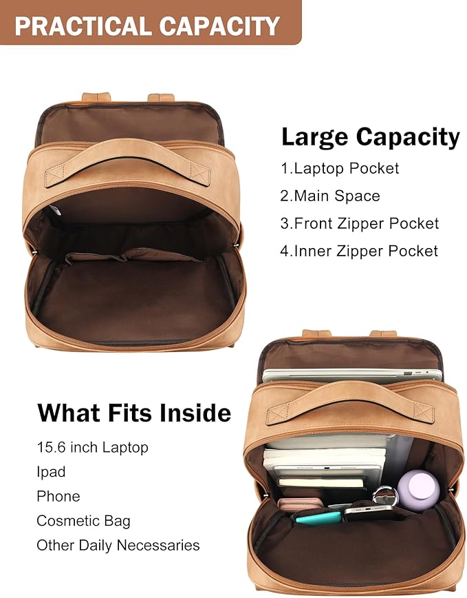 MASINTOR 15.6 inch PU Leather Laptop Backpack Purse - Image 3