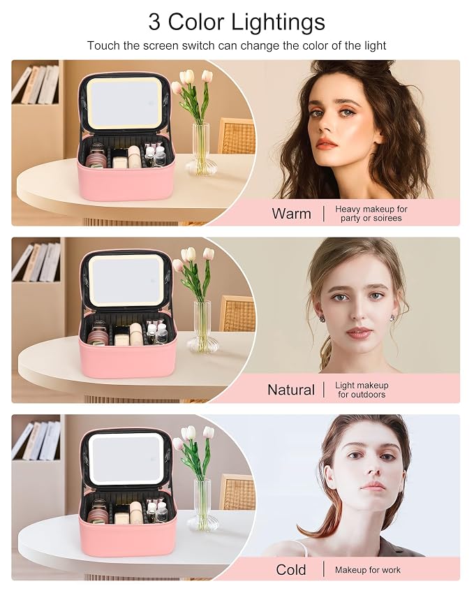 Makeup Bag With LED Mirror, Travel Makeup Bag With 3 Color Setting Light Up - Image 5