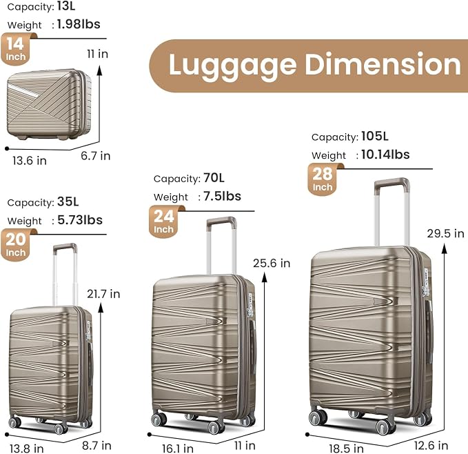 Campfun Luggage 4 Piece Sets, Expandable Carry On Luggage Set Hardshell PP - Image 2