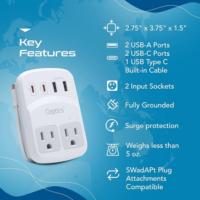 Ceptics World Travel Adapter Kit 2 USB-A, USB-C US Outlets, 20W/QC 18W Power - Image 8