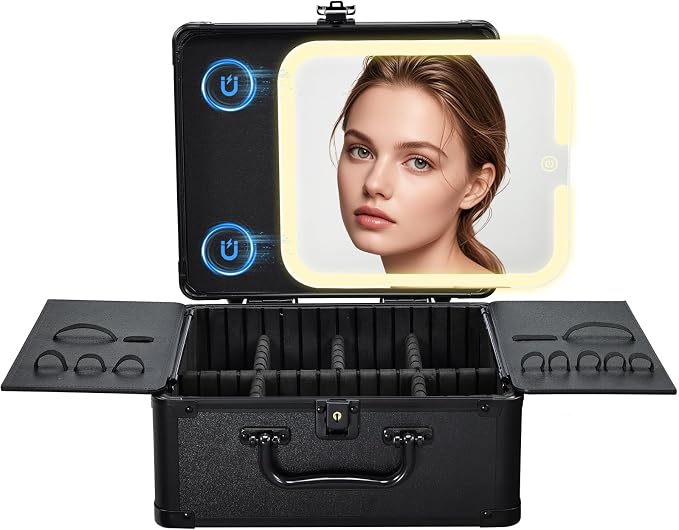 Makeup Case with Magnetic Lighted Mirror Makeup Organizer Box Travel Cosmetic by Faquenc