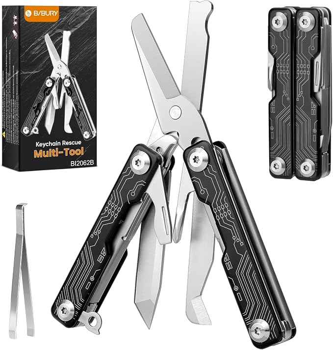 BIBURY Mini Keychain Multitool Scissors B12062B, 9 in 1 Multitool EDC Scissors - Image 9