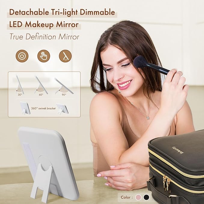 Travel Makeup Bag with LED Mirror Double Layer, Detachable Vanity Mirror with - Image 3