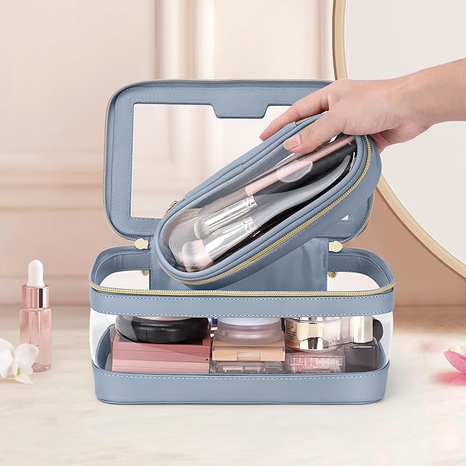 Travel Clear Makeup Bag with Makeup Brush Bag, Leather Makeup Case Toiletry Bag - Image 7