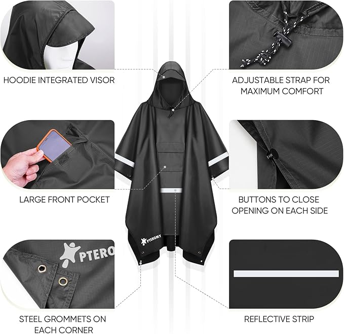 PTEROMY Hooded Rain Poncho for Adult - Image 6