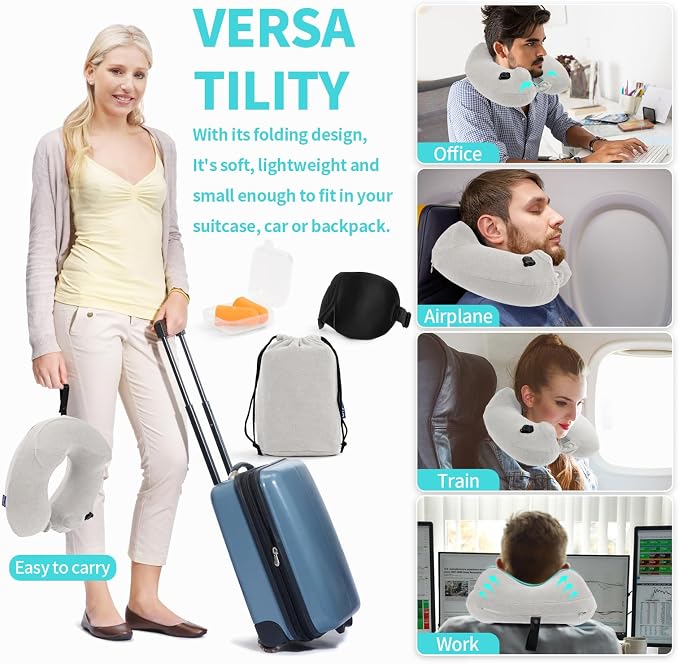Inflatable Travel Neck Pillow for Airplane, Head Support Velvet Adult Neck - Image 6
